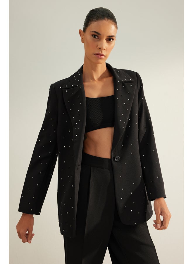 trendyol Black Regular Lined Stone Woven Blazer Jacket TWOAW24BC00078 - Image 3