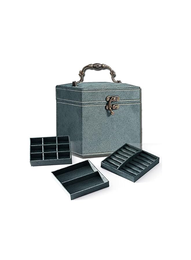 PROMASS Storage Organizer Box, Portable Small Jewellery Travel Case, 3 Stackable Layer Trays Holder for Watch Earring Ring Necklace Bracelet Display with Lock lid – Velvet Wood, Women Girl Gift - Image 2
