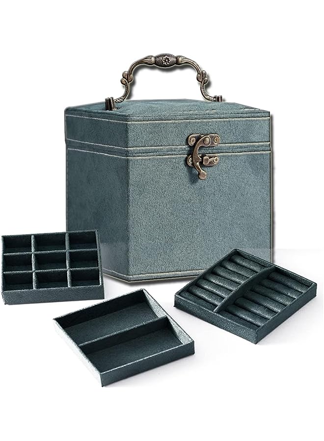 PROMASS Storage Organizer Box, Portable Small Jewellery Travel Case, 3 Stackable Layer Trays Holder for Watch Earring Ring Necklace Bracelet Display with Lock lid – Velvet Wood, Women Girl Gift - Image 1
