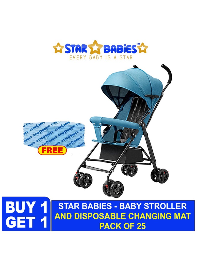 Star Babies - Buy 1 Get 1 (Lightweight Portable Infant Stroller W/ Compact Fold with Free 25pcs Disposable changing mat- Blue - Image 2