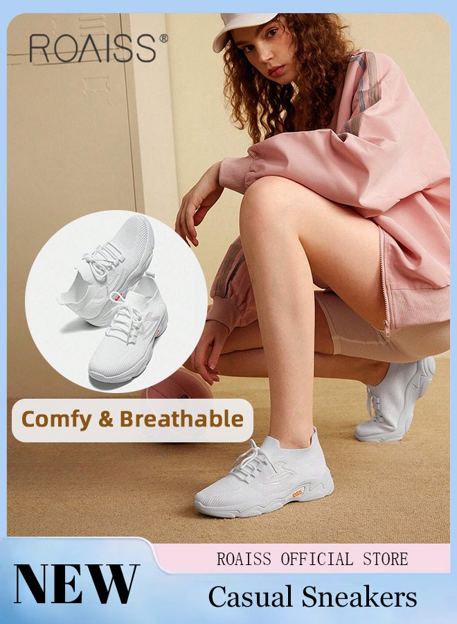 رويس حذاء رياضي منسوج من Fly Woven للنساء، حذاء رياضي عصري بسيط ومتعدد الاستخدامات مع رباط حذاء نسائي غير قابل للانزلاق وخفيف الوزن يسمح بمرور الهواء للجري في الهواء الطلق، حذاء رياضي أبيض كاجوال للمشي للطلاب أو الأشخاص الرياضيين - Image 1