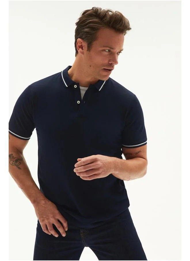 جون June Men Regular Fit Stripe Detailed Neck Polo Tshirt Dark Navy