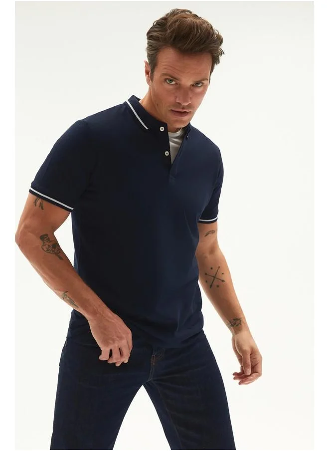 JUNE June Men Regular Fit Stripe Detailed Neck Polo Tshirt Dark Navy