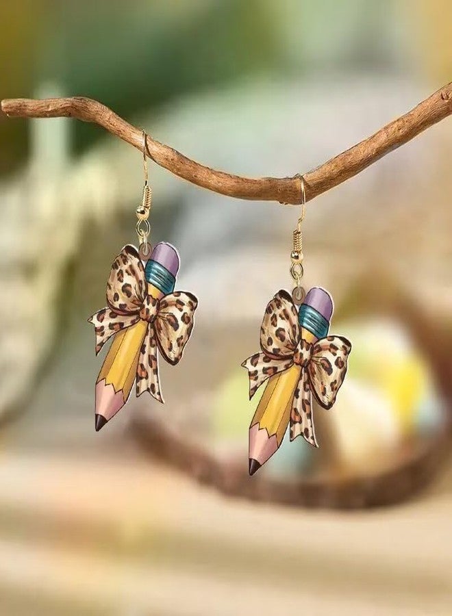 Blue Drop Teacher Earrings Pencil Bow Leopard Print Drop Dangle Earrings Appreciation Day Gifts Graduation Back to School Jewelry for Teacher Student - Image 2