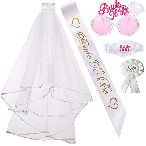 BIEAEIA Bachelorette Party Bride to Be Kit-1 White Double Ribbon Edge Center Cascade Bridal Wedding Veil with Comb,1 Bride to Be Satin Sash, 1 Badge, 1 leg lace. 1 Pink Bride to be glasses - Image 1