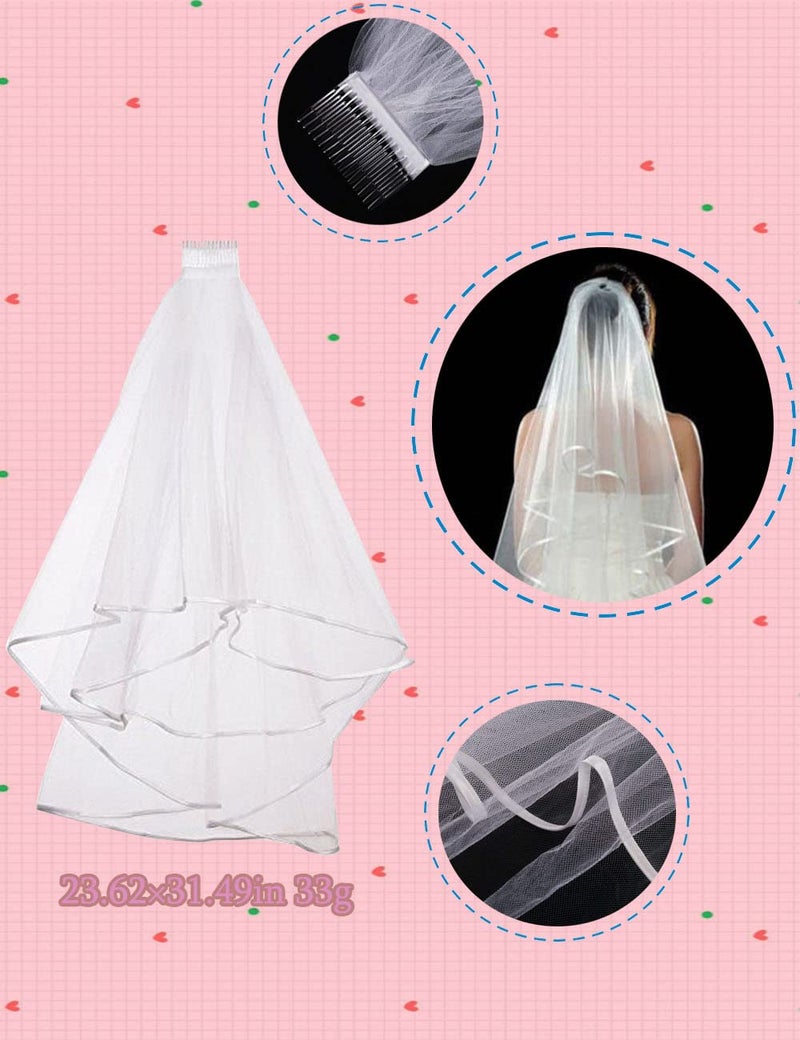 BIEAEIA Bachelorette Party Bride to Be Kit-1 White Double Ribbon Edge Center Cascade Bridal Wedding Veil with Comb,1 Bride to Be Satin Sash, 1 Badge, 1 leg lace. 1 Pink Bride to be glasses - Image 3