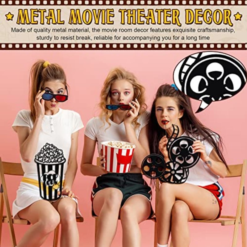 5 Pieces Metal Movie Theater Decor Home Room Cinema and Popcorn Wall Art Reel Sign Action for Theme Party Decorations Office Studio - Image 4