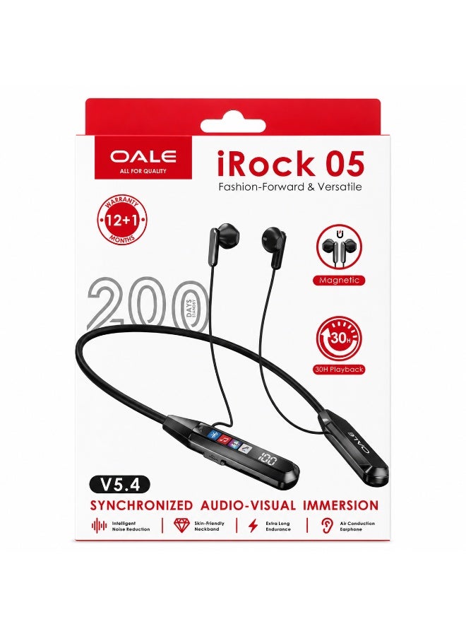 **OALE iRock 05 Wireless Neckband Earphones Bluetooth 5.4 with Magnetic Earbuds, 30H Playback, Noise Reduction, Long Battery Life – Black**
