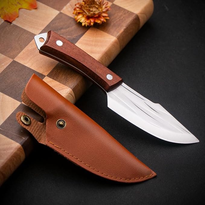 JUWIL سكين شيف محترف – شفرة فولاذية مقاومة للصدأ مطروقة يدويًا مع مقبض خشبي مريح وغلاف جلدي – سكين متعددة الاستخدامات للمطبخ والتخييم في الهواء الطلق - Image 3