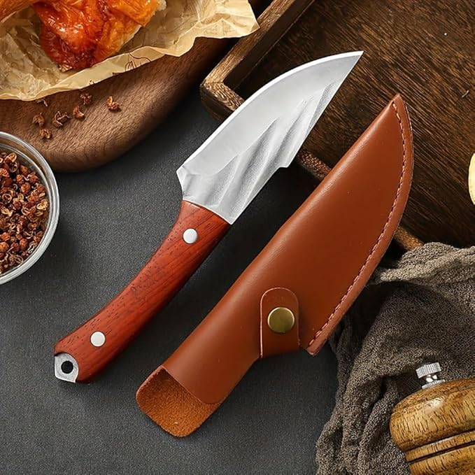 JUWIL سكين شيف محترف – شفرة فولاذية مقاومة للصدأ مطروقة يدويًا مع مقبض خشبي مريح وغلاف جلدي – سكين متعددة الاستخدامات للمطبخ والتخييم في الهواء الطلق - Image 1