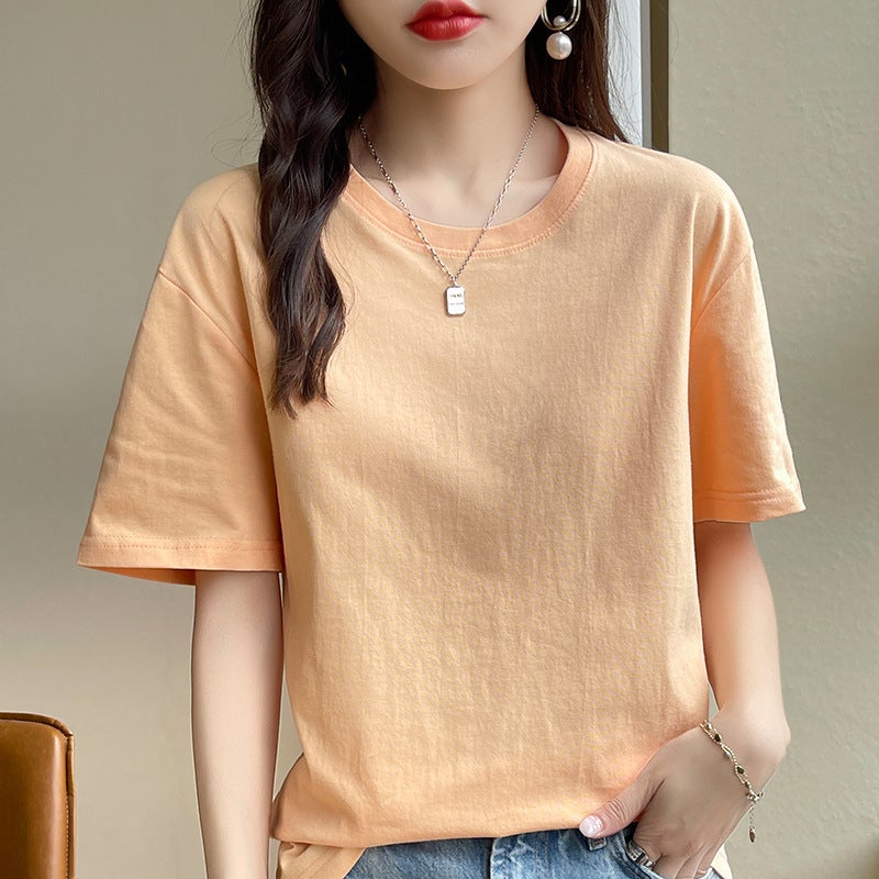 New Summer 200g Cotton Basic Short-sleeved T-shirt Women's Vest Round Neck Loose Casual White T Base Shirt - Image 1
