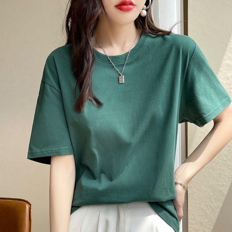 New Summer 200g Cotton Basic Short-sleeved T-shirt Women's Vest Round Neck Loose Casual White T Base Shirt - Image 4