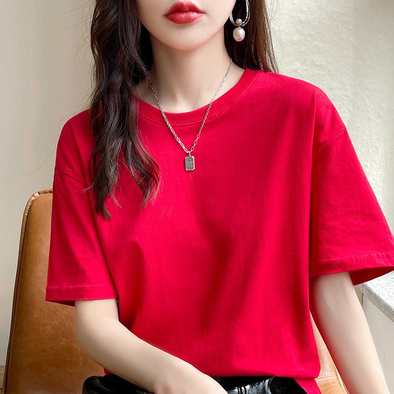 New Summer 200g Cotton Basic Short-sleeved T-shirt Women's Vest Round Neck Loose Casual White T Base Shirt - Image 5