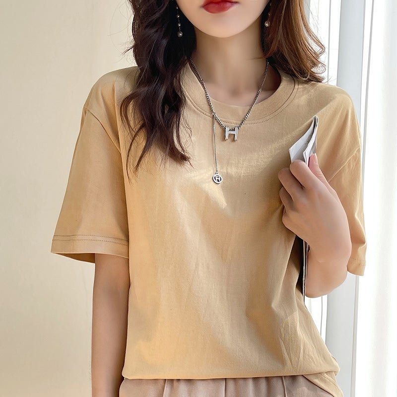 New Summer 200g Cotton Basic Short-sleeved T-shirt Women's Vest Round Neck Loose Casual White T Base Shirt - Image 3