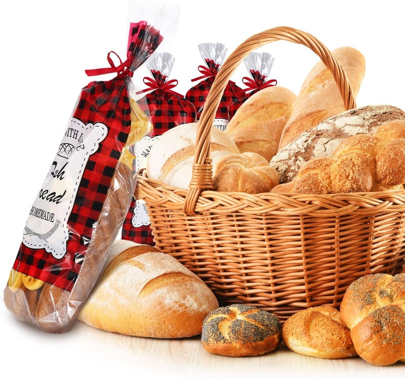 klarako 100 Pieces Christmas Bread Bags with 1 Roll Tie Ribbon Large Transparent Clear Bakery Bags Red Buffalo Plaid Grocery Plastic Bread Bag for Homemade Bread Daily Use, 18 x 8 Inch - Image 5