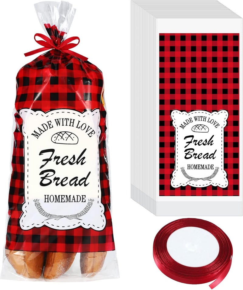 klarako 100 Pieces Christmas Bread Bags with 1 Roll Tie Ribbon Large Transparent Clear Bakery Bags Red Buffalo Plaid Grocery Plastic Bread Bag for Homemade Bread Daily Use, 18 x 8 Inch - Image 1