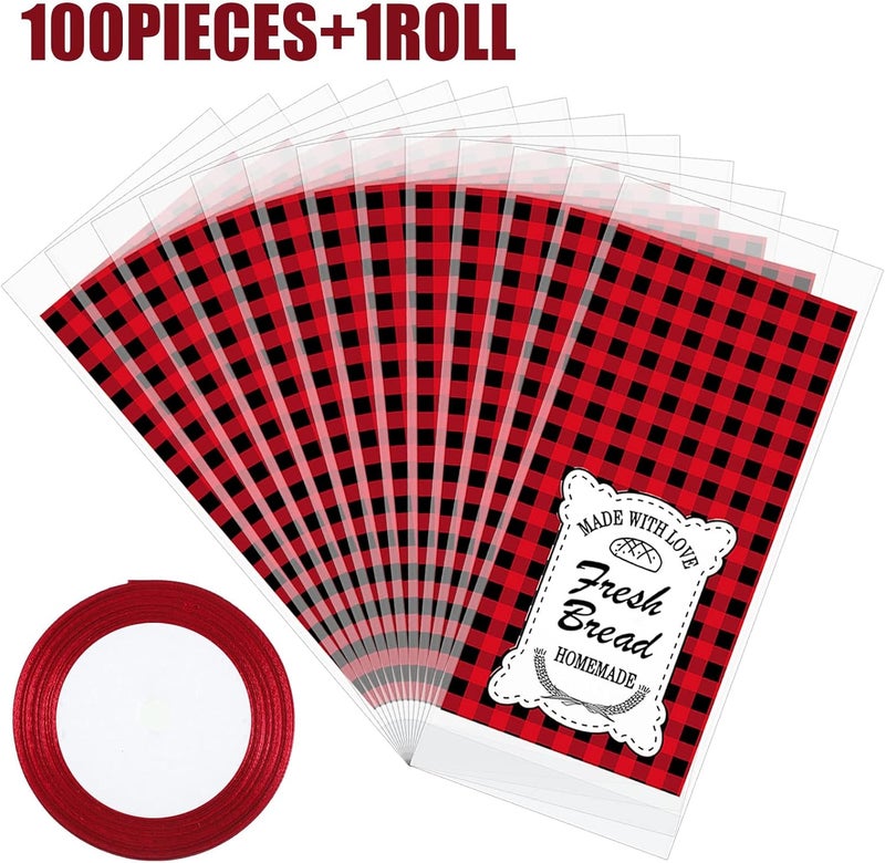 klarako 100 Pieces Christmas Bread Bags with 1 Roll Tie Ribbon Large Transparent Clear Bakery Bags Red Buffalo Plaid Grocery Plastic Bread Bag for Homemade Bread Daily Use, 18 x 8 Inch - Image 3