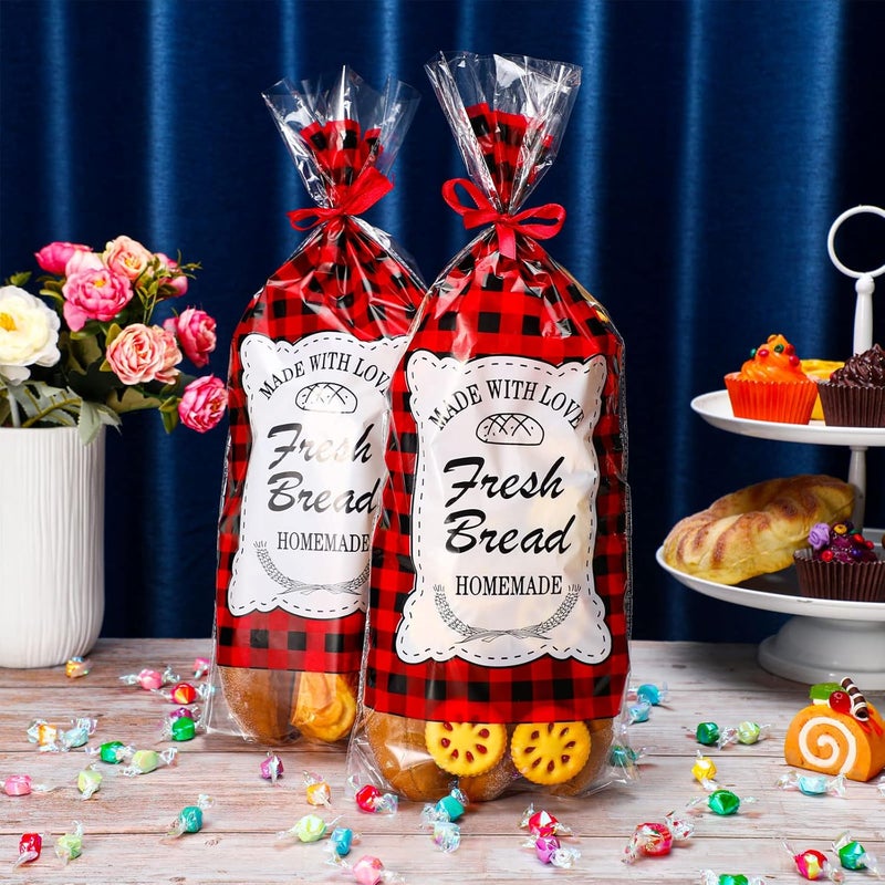 klarako 100 Pieces Christmas Bread Bags with 1 Roll Tie Ribbon Large Transparent Clear Bakery Bags Red Buffalo Plaid Grocery Plastic Bread Bag for Homemade Bread Daily Use, 18 x 8 Inch - Image 4