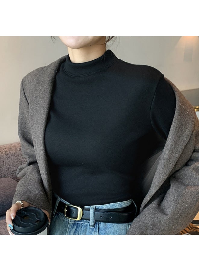 Thread Fleece-lined Half Turtleneck Bottoming Shirt Women's Inner Wear Autumn And Winter New Thick Velvet Mid Collar Warm Top - Image 1