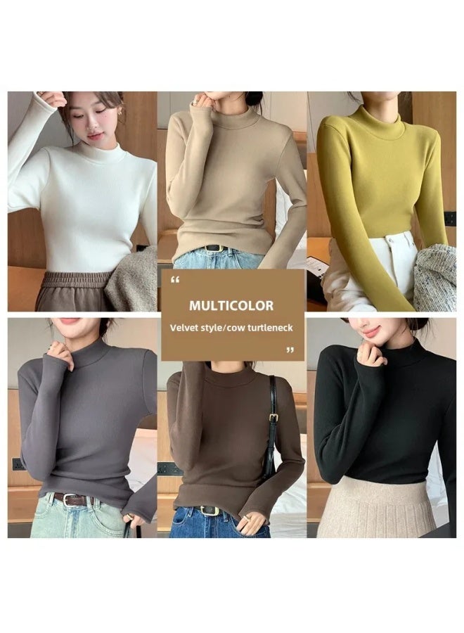 Thread Fleece-lined Half Turtleneck Bottoming Shirt Women's Inner Wear Autumn And Winter New Thick Velvet Mid Collar Warm Top - Image 3