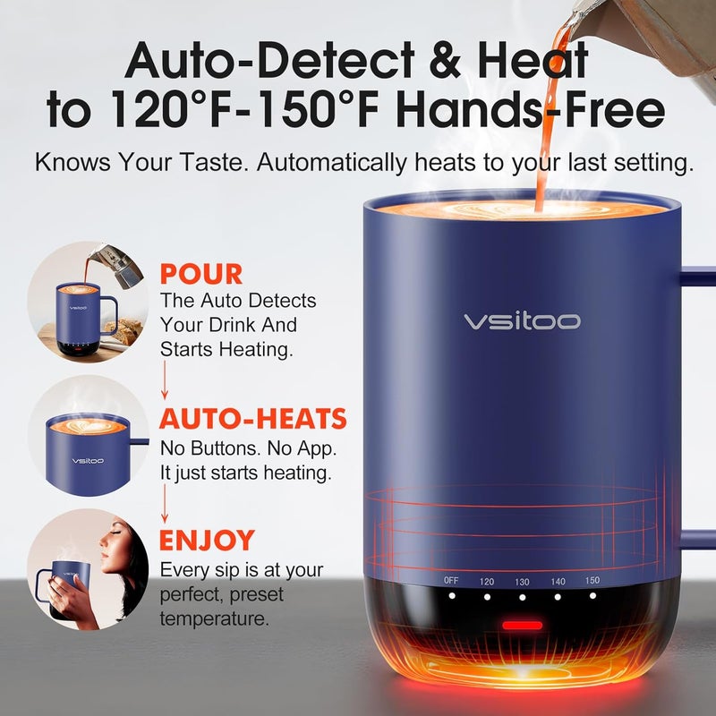 vsitoo S3 Pro 16oz Smart Self Heating Coffee Mug,Heated Coffee Mug with Auto-Sensing AI Heats Drinks to 120-150°F Hands-Free.Perfect for Home/Office, fo Men/Women, Blue - Image 2