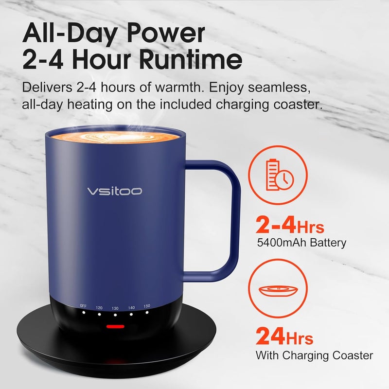 vsitoo S3 Pro 16oz Smart Self Heating Coffee Mug,Heated Coffee Mug with Auto-Sensing AI Heats Drinks to 120-150°F Hands-Free.Perfect for Home/Office, fo Men/Women, Blue - Image 3