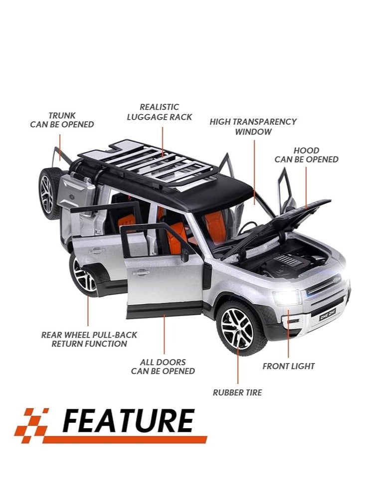 FUSIONPULSE 1:24 Scale Land Rover Defender Toy Cars, Diecast Model Luxury Metal Car Collection, Zinc Alloy Pull Back with Front and Back Lights and Sound, Open Doors  - Image 3