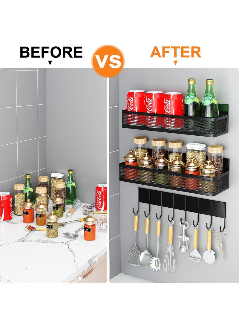 كيلا رف توابل مغناطيسي للثلاجة، عبوة من 3 أرفف مغناطيسية، منظم ثلاجة متحرك مع رف بـ 8 خطافات، منظم توابل للمطبخ - Image 4