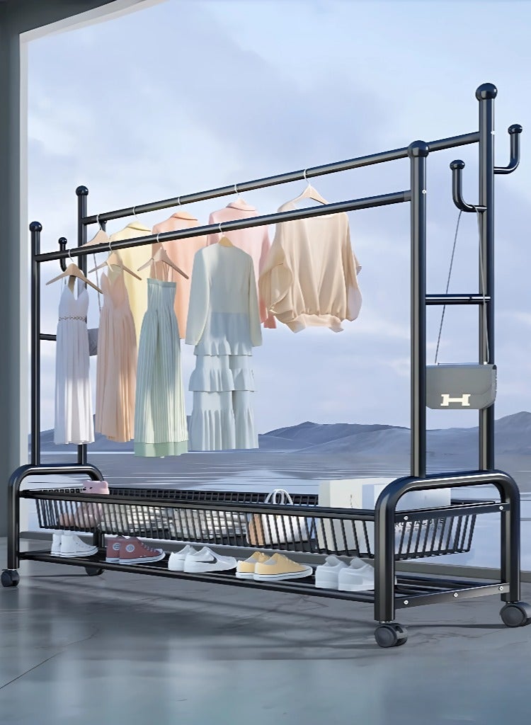 AIWANTO 150CM Heavy-Duty Double Rod Clothes Rack with 2-Tier Storage Shelf – Large Capacity Organizer for Shoes, Bags & Daily Wear (Black, 170×150×38cm, 32mm Pipe) - Image 1