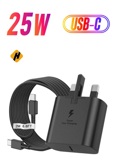 شاحن Samsung 25W Fast Fast مع 2M USB-C إلى كابل USB-C-Type-C UK WALL FORMONTY GALAXY S24 و S23 ULTRA و S22 و S21 وسلسلة و Z Flip/Fold