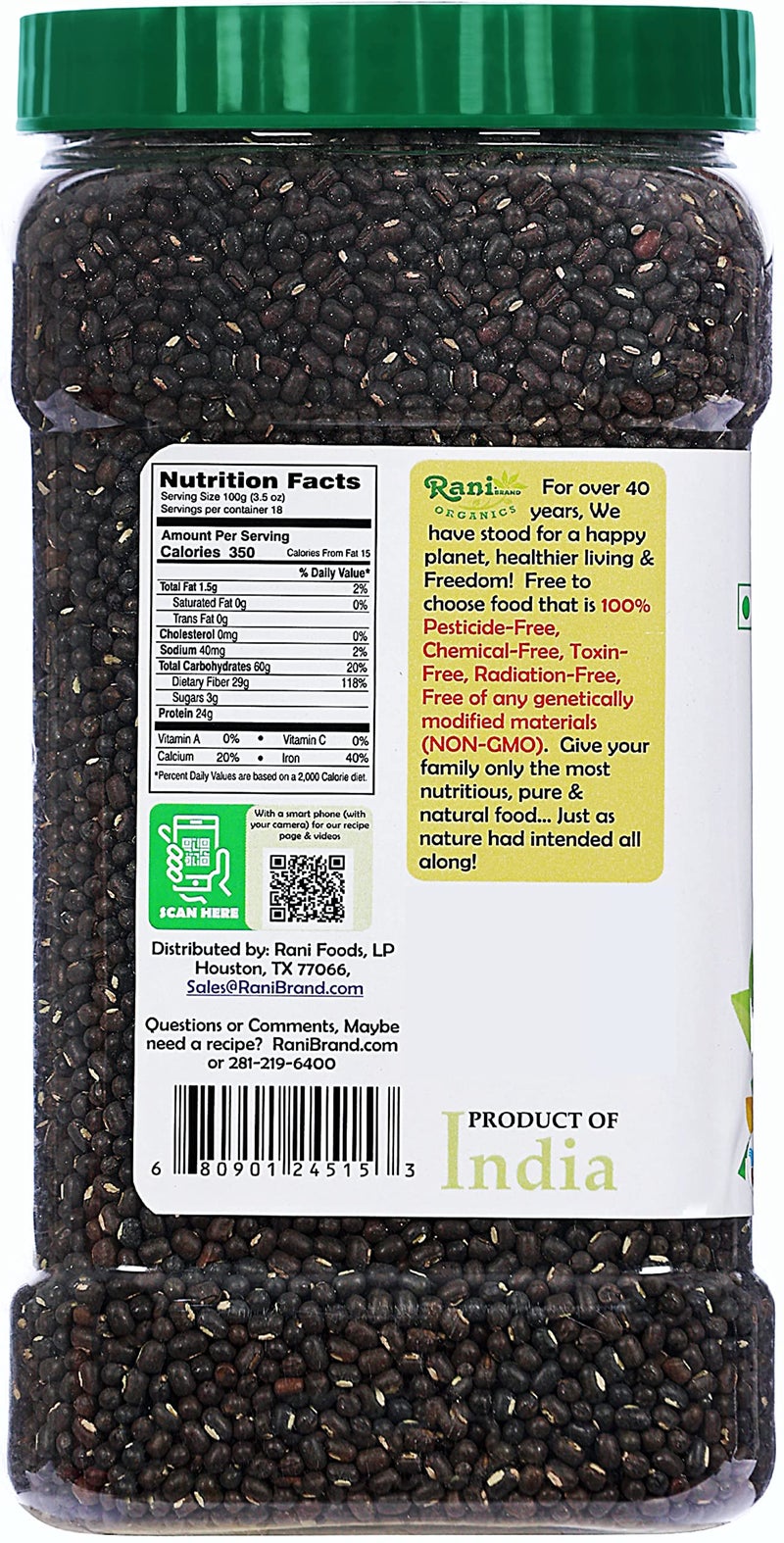 Rani Brand Authentic Indian Products Rani Organic Urid/Urad Whole Black (Matpe Beans With Skin) Indian Lentils 64oz (4lbs) 1.81kg Bulk PET Jar ~ All Natural | Vegan | Gluten Friendly | NON-GMO | Indian Origin | USDA Certified Organic - Image 2