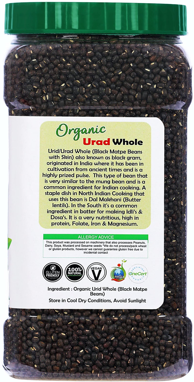 Rani Brand Authentic Indian Products Rani Organic Urid/Urad Whole Black (Matpe Beans With Skin) Indian Lentils 64oz (4lbs) 1.81kg Bulk PET Jar ~ All Natural | Vegan | Gluten Friendly | NON-GMO | Indian Origin | USDA Certified Organic - Image 3