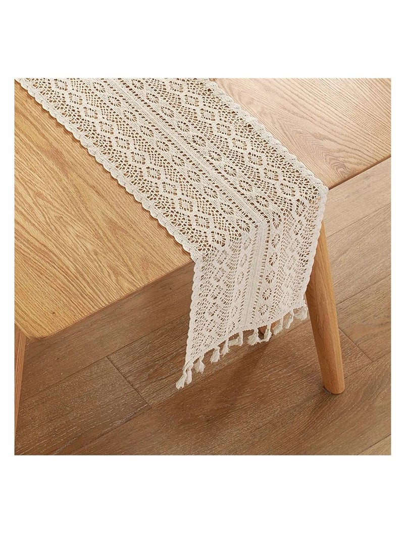 Y&D 90 Inch Boho Beige Table Runner, Vintage Farmhouse Bohemian Crochet Macrame Runner for Wedding Party Coffee Dining Decor  - Image 1