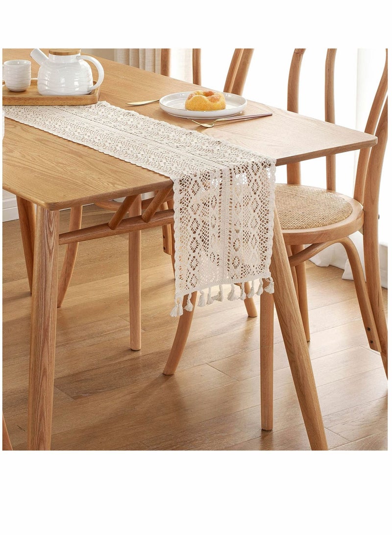 Y&D 90 Inch Boho Beige Table Runner, Vintage Farmhouse Bohemian Crochet Macrame Runner for Wedding Party Coffee Dining Decor  - Image 3