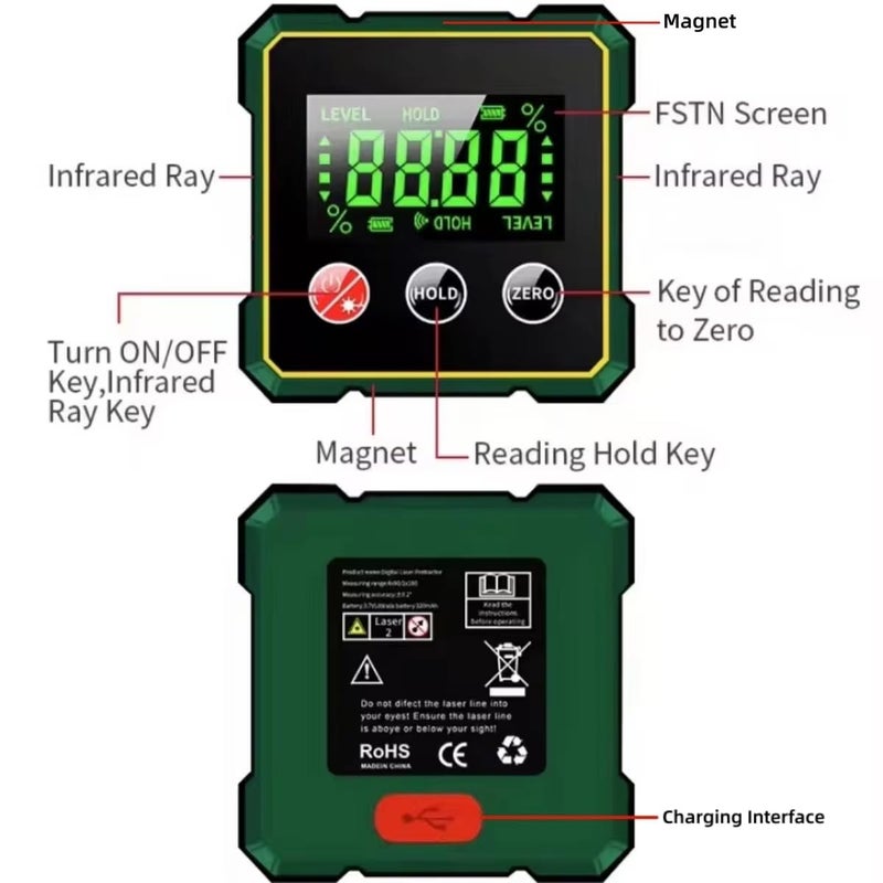 Tomahawk ® LAF-1270 - Digital Angle Finder with Dual 360° Horizontal Lasers ±2° Accuracy, 0.05° Resolution, IP54 Water Resistant, Type-C Charging, Compact & Lightweight - Image 5