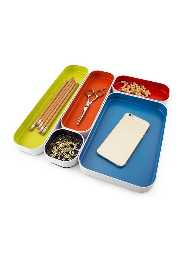 ثري باي ثري مجموعة صينية تنظيم معدنية ضحلة مكونة من 5 قطع من سياتل لتخزين مستحضرات التجميل والقرطاسية والأواني والمزيد في مكتب المكتب وأدراج المطبخ والحمام (1 بوصة، ألوان متنوعة) - Image 5