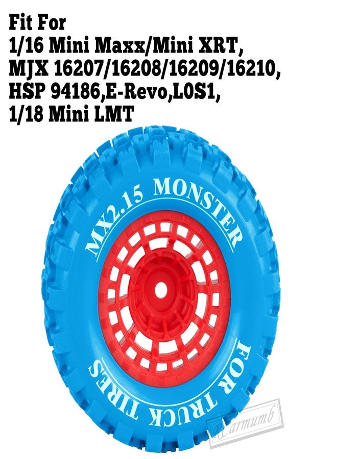 RCarmumb 100 * 52MM 1/16 RC Monster Truck Tires 12mm Hex Adapters All-Terrain Traction Tires fit for Mini Maxx/Mini XRT, MJX 16207/16208/16209/16210,HSP 94186,E-Revo,L0S1,1/18 Mini LMT,Blue&Red - Image 2