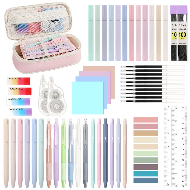 MoKo 56 PCS Aesthetic School Supplies with Pencil Pouch Cute Stationery Set for Students Office 12 Gel Pens 12 Pastel Highlighters 6 Mechanical Pencils 05 07mm Sticky Note Index Tab Pink