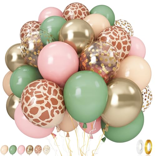Govpy Pink Jungle Safari Balloons 60PCS Sage Green Pastel Pink Gold Balloon Light Pink Cream Beige Balloon with Animal Print for Girls Birthday Baby Shower Wild One Giraffe Party Decorations Supplies - Image 1