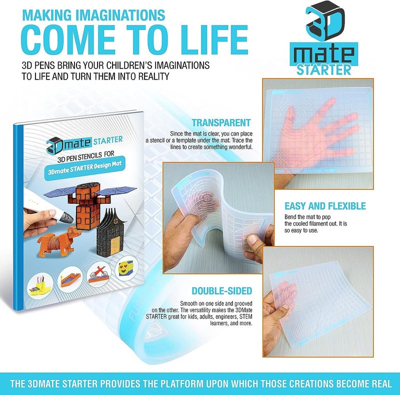 3Dmate Starter - Transparent 3D Pen Mat 9 x 7 Inches with Compatible Stencils Book - Flexible Two-Sided Heat-Resistant Silicone - 3D Pen Accessories - Templates for Kids, Adults - Image 4