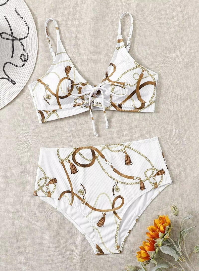 Plus Belt & Chain Print Rib Bikini Swimsuit - Image 1
