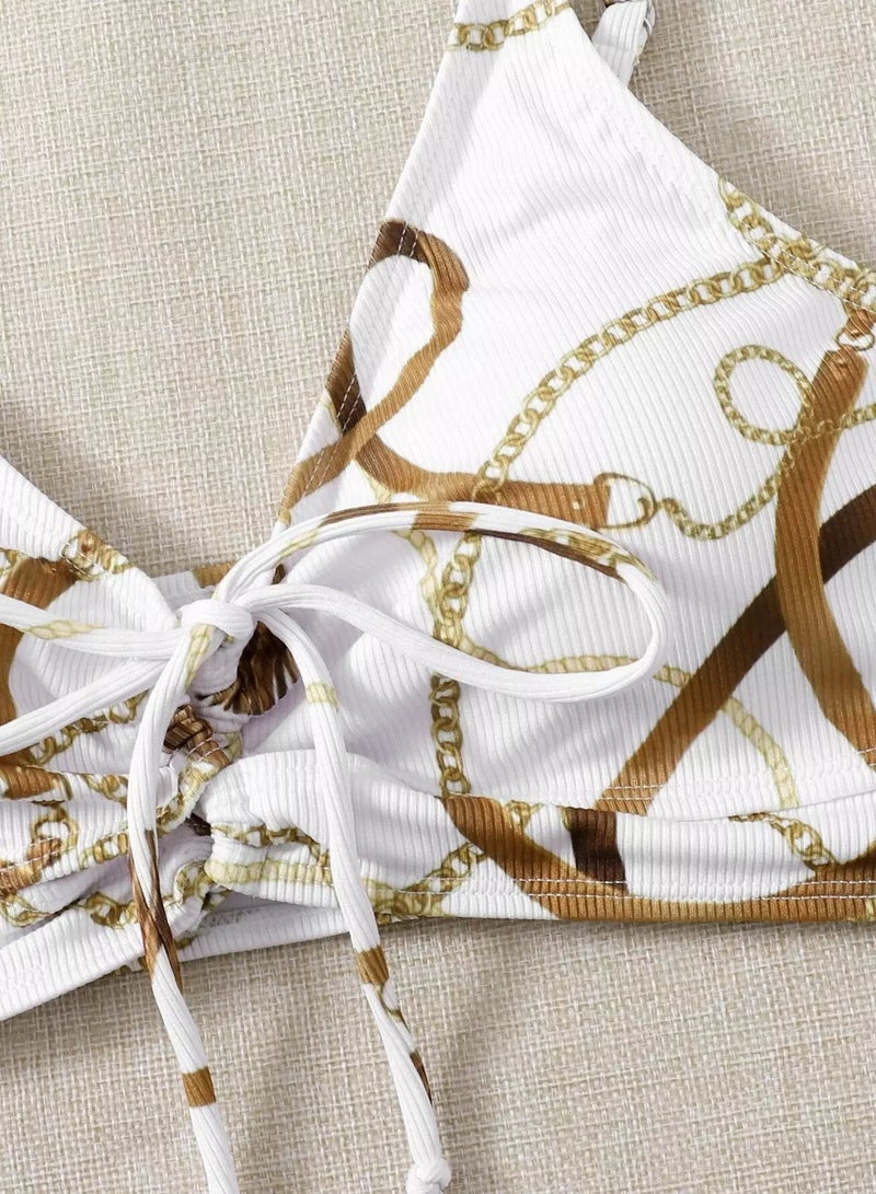 Plus Belt & Chain Print Rib Bikini Swimsuit - Image 3