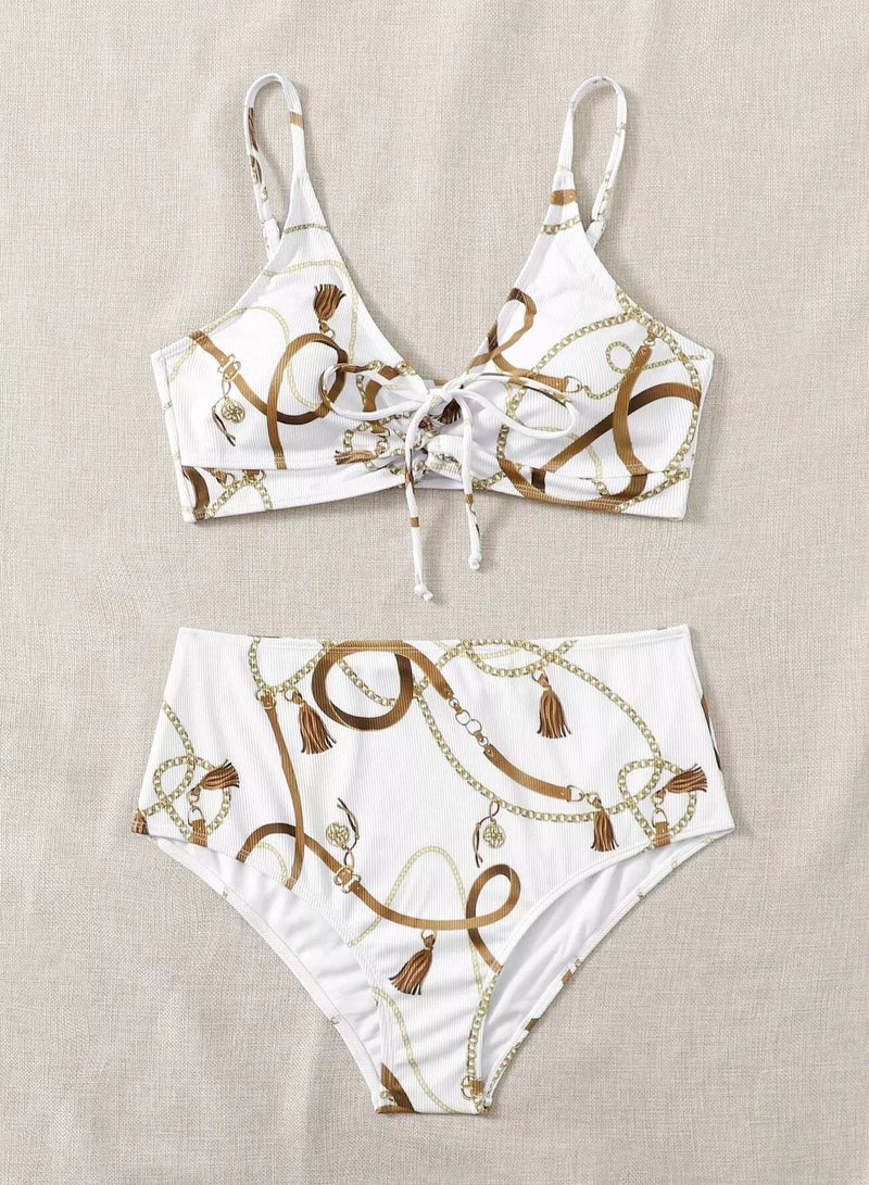 Plus Belt & Chain Print Rib Bikini Swimsuit - Image 4