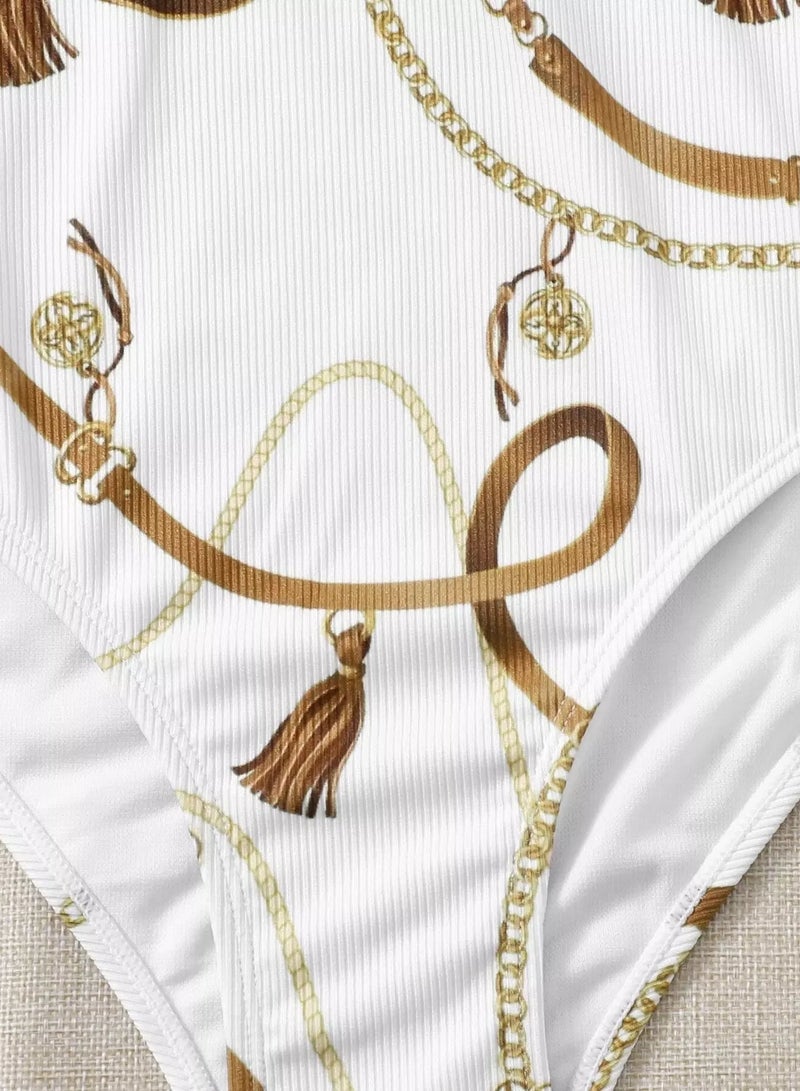 Plus Belt & Chain Print Rib Bikini Swimsuit - Image 5
