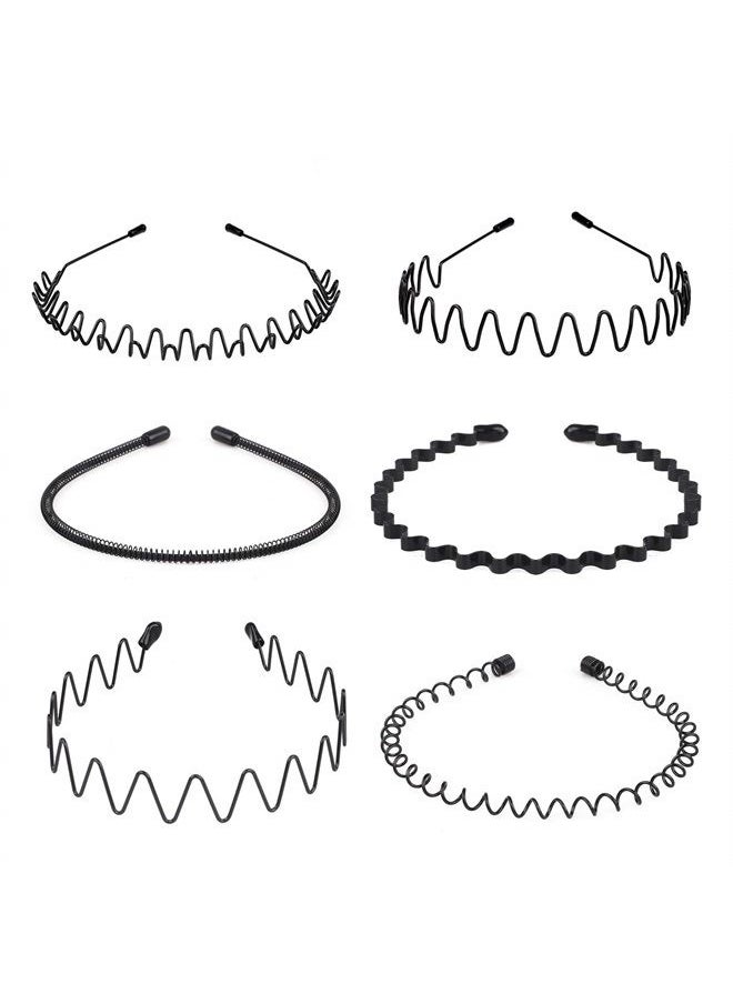 fenshine 6PCS Metal Hair Bands, Spring Wavy Hoop Unisex Black Headband Slicked Back Non Slip Sports Hairband for Women Men  - Image 1