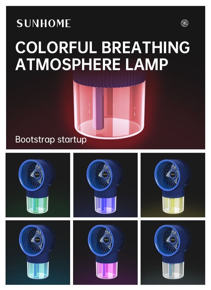 Sunhome - 2-in-1 Mini Portable Water Mist Fan with Colorful Atmosphere Lamp 350ml 6.5W 3-Speeds USB Charging W39 Blue - Image 1