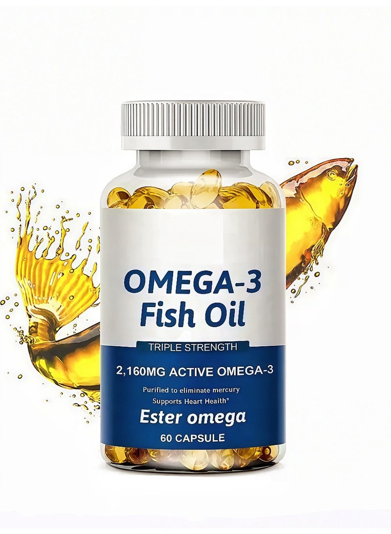 أوميغا كبسولات هلامية من زيت السمك أوميغا 3 مركزة ثلاثية - 2160 مجم - الدهون الثلاثية EPA وDHA - تدعم صحة القلب والدماغ والمفاصل، وصحة القلب والأوعية الدموية - 60 كبسولة هلامية - زيت السمك النقي (عديم الرائحة ومضاد للغازات) - Image 1