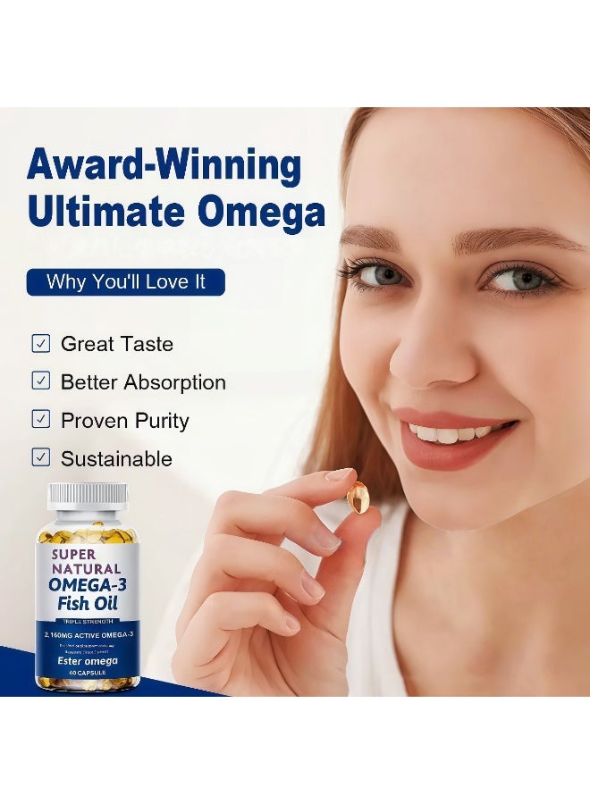 أوميغا كبسولات هلامية من زيت السمك أوميغا 3 مركزة ثلاثية - 2160 مجم - الدهون الثلاثية EPA وDHA - تدعم صحة القلب والدماغ والمفاصل، وصحة القلب والأوعية الدموية - 60 كبسولة هلامية - زيت السمك النقي (عديم الرائحة ومضاد للغازات) - Image 2