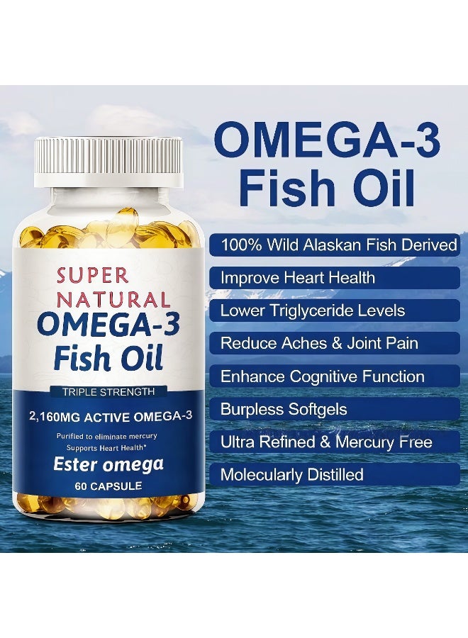 أوميغا كبسولات هلامية من زيت السمك أوميغا 3 مركزة ثلاثية - 2160 مجم - الدهون الثلاثية EPA وDHA - تدعم صحة القلب والدماغ والمفاصل، وصحة القلب والأوعية الدموية - 60 كبسولة هلامية - زيت السمك النقي (عديم الرائحة ومضاد للغازات) - Image 3