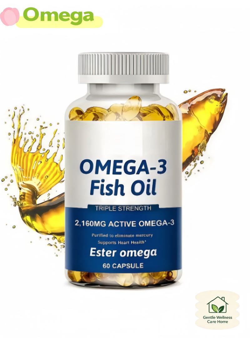 Omega Triple Concentrate Omega-3 Fish Oil Softgels - 2160 mg - Triglycerides EPA and DHA - Supports heart, brain and joint health, cardiovascular health - 60 softgels - Pure Fish Oil (Odorless & Anti-Gas) - Image 1